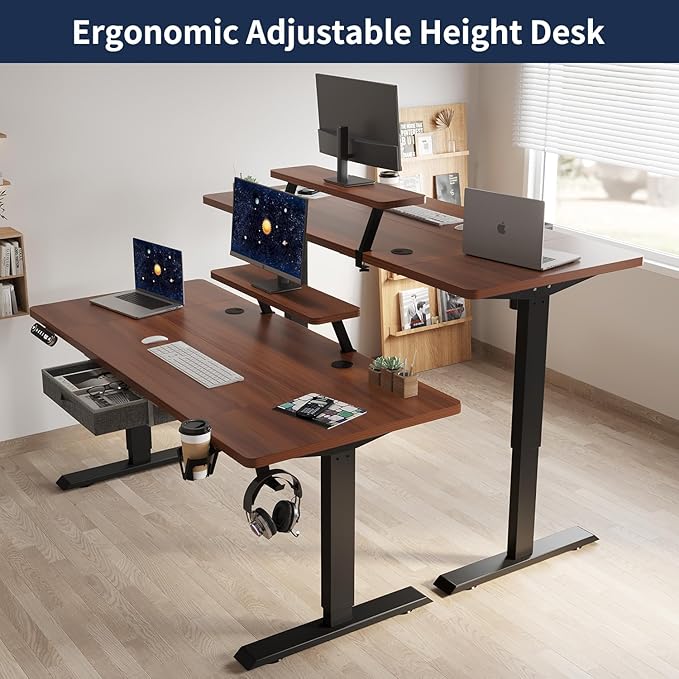 Electric Standing Desk with Drawer 63x30 Inches Height Adjustable Sit Stand Up Desk with Storage Shelf Home Office Desk Computer Workstation with Walnut Top/Black Frame