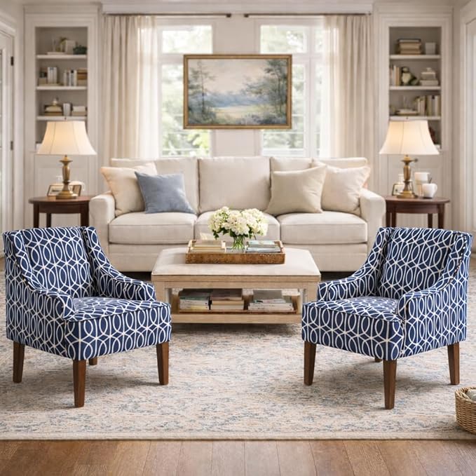 Homepop Home Decor Upholstered Classic Swoop Arm Accent Chair Accent Chairs for Living Room &amp Bedroom Decorative Home Furniture Classic Navy Geometric