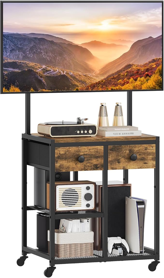 TV Stand with Mount Corner TV Stand with Wheels for TVs up to 50 Inches Rolling Entertainment Center Small TV Stands for Living Room Meeting Room Bedroom Rustic Brown DS08BR