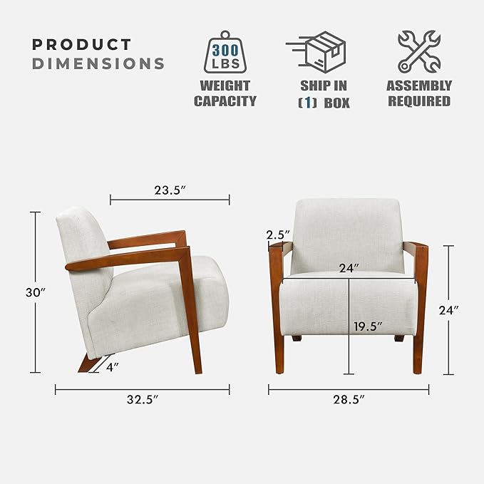 Lexicon Modern Accent Chair with Solid Wood Frame in Chestnut Finish Chenille Fabric Upholstered Living Room Lounge Arm Chair Thick and Comfy Innerspring Seat Cushion Beige