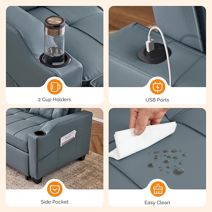 VINGLI Blue Grey Futon Sofa Bed Convertible Loveseat Sleeper Couch Faux Leather Pullout Sofa Fold Out Couch Bed with USB Ports Cup Holders Armrest for Living Room Bedroom Apartment Room