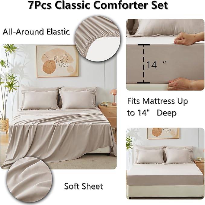 CozyLux Queen Comforter Set Linen - Bed in a Bag Queen Size 7 Pieces Luxury Soft Bed Set for All Seasons Bedding Set with Down Alternative Comforter Sheets Pillowcases &amp Shams