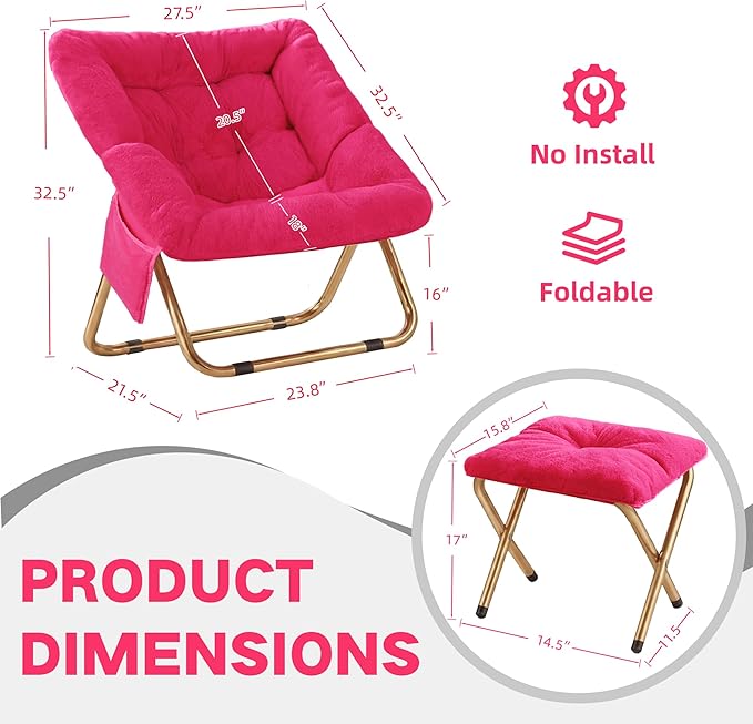 Comfy Saucer Chair for Adults Foldable Living Room Chairs Soft Faux Fur Lounge Chair for Bedroom Reading Chairs X-Large (Ottoman-Hot Pink)