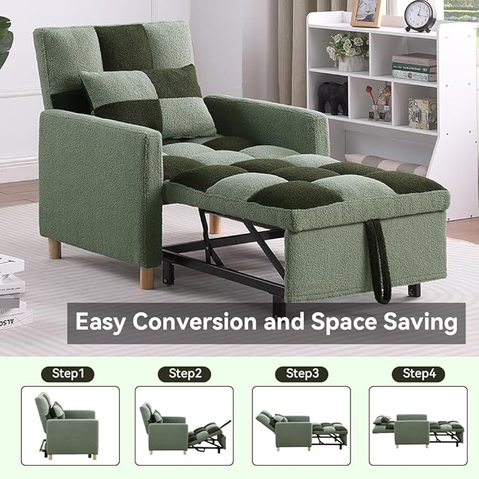 Sleeper Chair Bed - Convertible Single Sofa Chair Bed with PillowPull Out Sleeper Bed with Adjustable BackrestMulti-Functional Lounge Chair with Teddy Fabric for ApartmentLiving Room (Green)