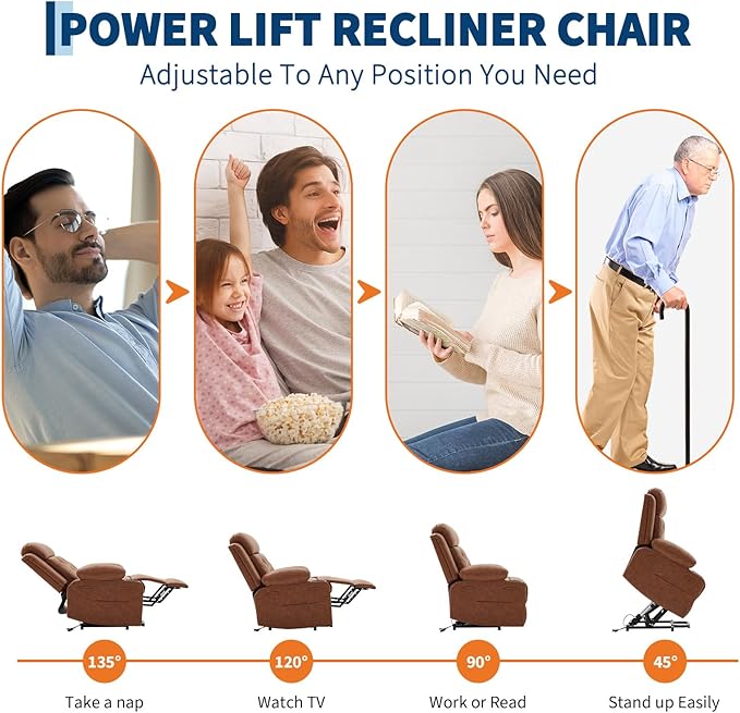 Power Lift Recliner Chair for Elderly with Vibration Massage and Lumbar Heating Oversized PU Leather Electric Lift Recliner Single Sofa with Side Pockets Two Cup Holders for Mobility Impaired