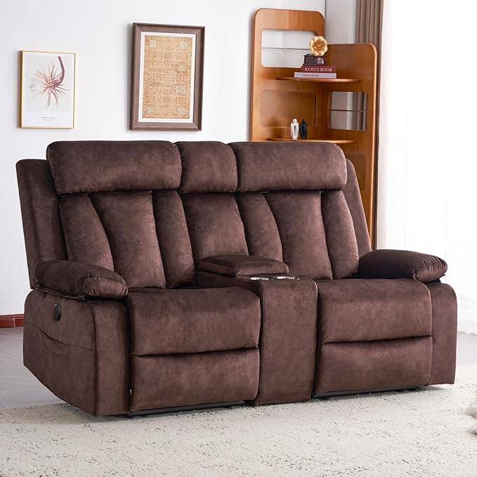 Power Reclining Loveseat with Console Electric Double Recliner with USB/Type C/Side Pocket/Cup Holders RV Recliners Wall Hugger Reclining Loveseat for Living Room &amp RV &amp Home Theater