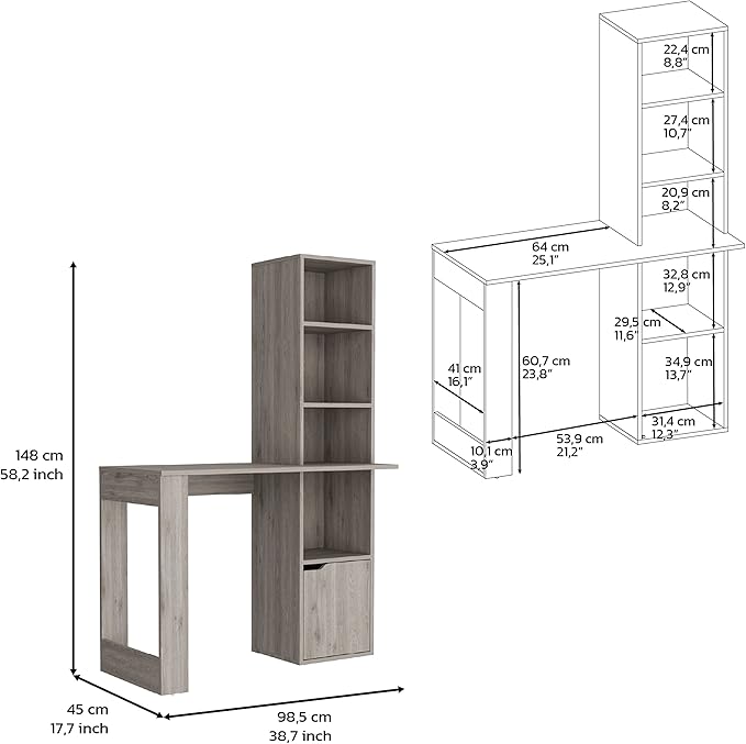 Home Office Desk Light Gray Writing Computer Desk with Storage Cabinet and Bookcase with 4 shevels for Small and Big Spaces.