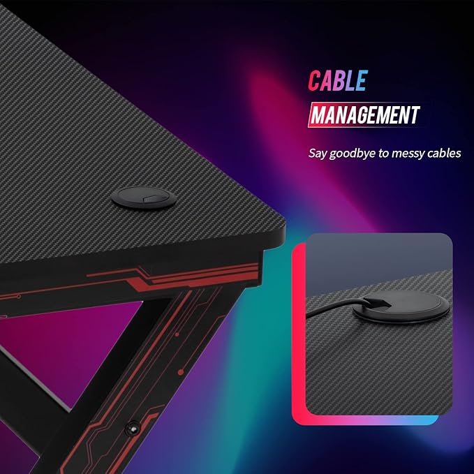 BestOffice | 47 Gaming Desk | Red | Carbon Fiber Textured Computer Desk | Sturdy Steel Frame Cup Holder Headphone Hook Cable Management Holes Adjustable Leg Pads | for Gamers Home Office
