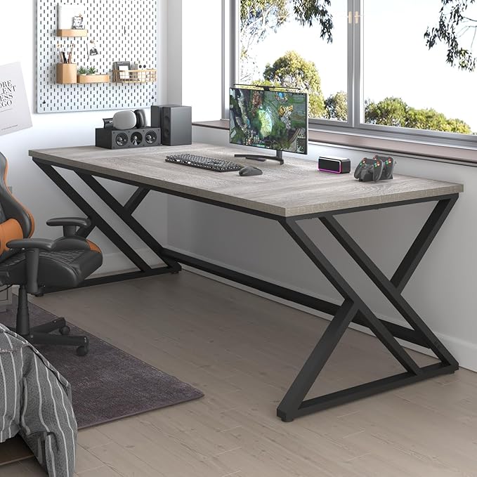 LVB 70.8 Long Office Desk Modern Large Wood Metal Computer Desk Industrial Double Workstation Desks for Two People Rustic PC Executive Work Study Writing Computer Table for Home Light Grey Oak