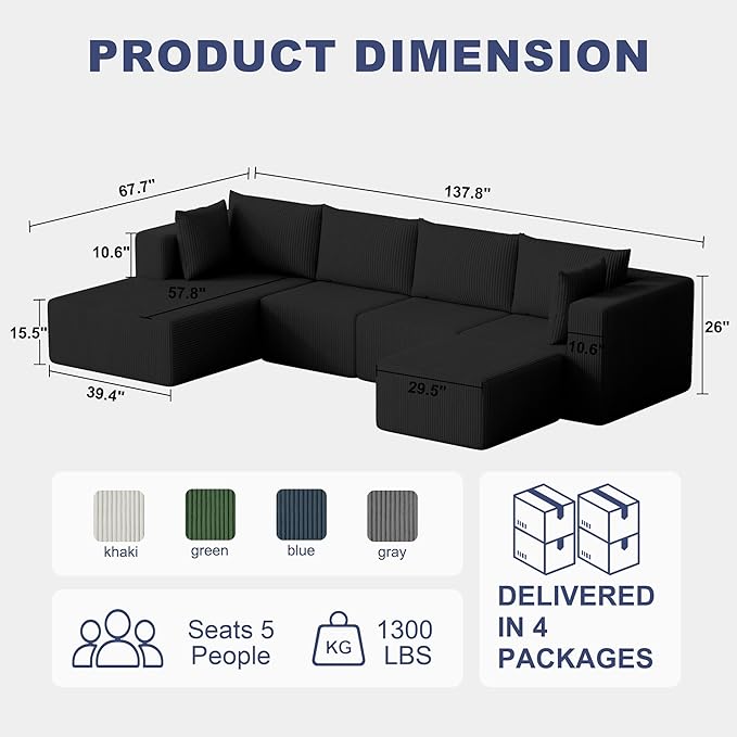 138 Boneless Couches for Living Room Modular Cloud Couch Sofa - 5 Pieces U Shap Corduroy Sectional Sofa Fluffy Memory Foam Sleeper Sofa Furniture No Assembly Wide Armrest Black