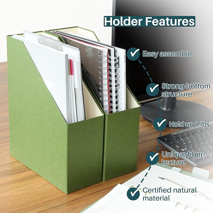 Magazine Holder - File Holder and Desk Organizer Cardboard Book Organizer and Storage Box for Documents Magazine Holder Rack for Office Home and Classroom (Leaf Green 6-Pack)