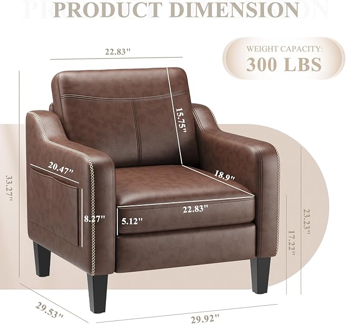 PU Leather Accent Chair Mid-Century Modern Living Room Armchair Sofa with Removable Cushions Solid Wood Frame &amp Stitched Armrest Design Bedroom Chair with Plastic Legs Chocolate Brown