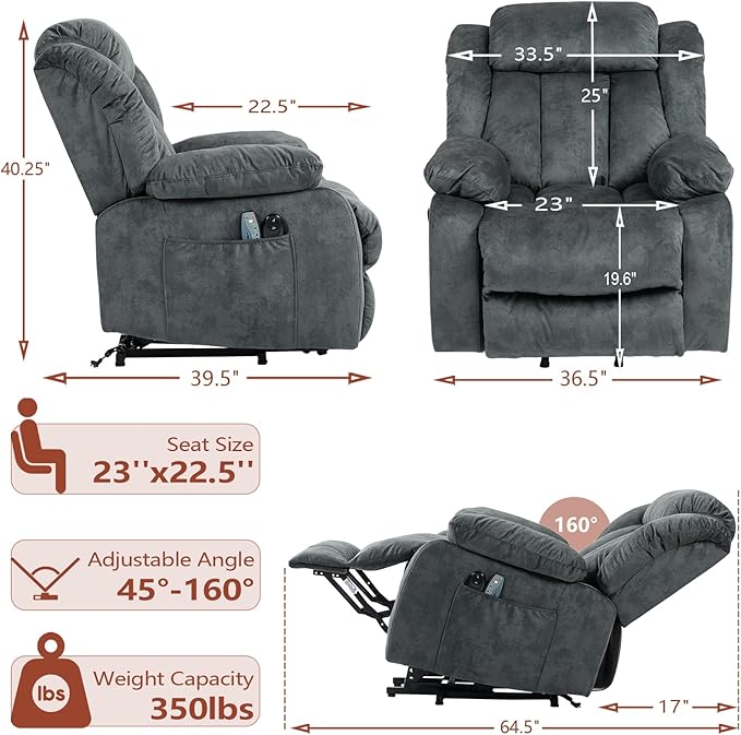 cinkehome Power Lift Recliner Chair for Elderly with Heated Massage Electric Lift Chairs Overstuffed Reclining Chair with Remote Control and Side Pockets for Living Room Bedroom (Velvet Gray)