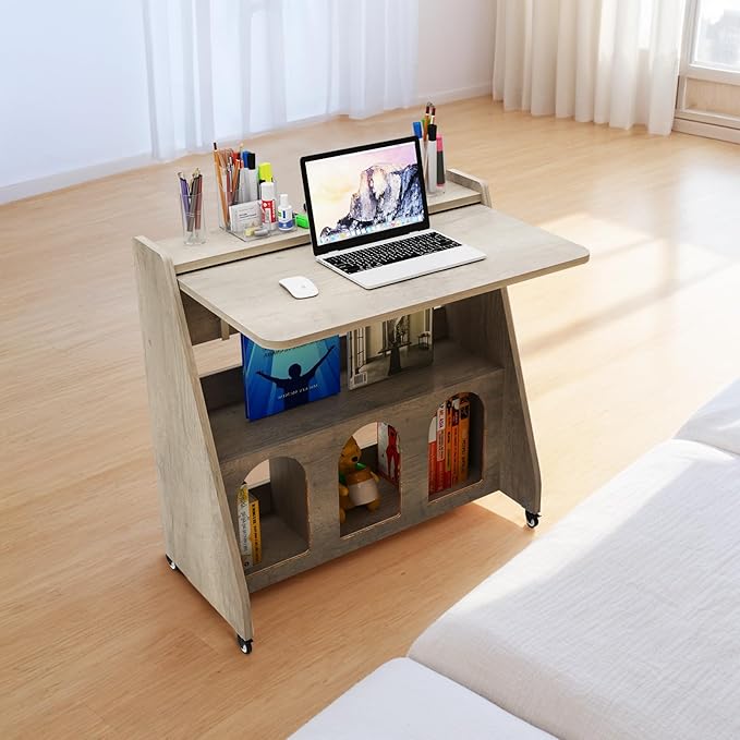Pmnianhua Portable Mobile Desk on WheelsMobile WorkstationRolling Computer Desk with Wheels and Storage for Home Office Small Space (Grey)