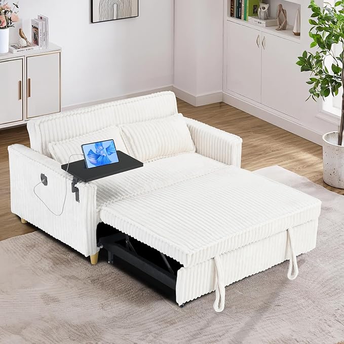 54W Convertible Sleeper Sofa Bed3-In-1 Corduroy Pull Out Couch BedFuton Loveseat Sleeper Couch with Adjustable Backrest &amp USB Ports &amp Side TableRecliner for Office/Living Room/Small Space(