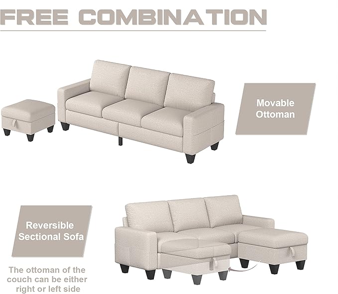 78'' Convertible Sectional Sofa Couch: Beige 3 Seat L-Shaped Sofa Couches with Storage Ottoman and Pockets - Modern Linen Upholstered Sofa Couch Sets for Living Room Office Apartment Small Space