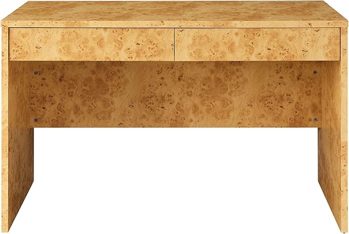 Modway Hudson Burl Wood Desk with Drawers in Natural - Modern Writing Desk - Narrow Home Office Desk - Vanity Table Without Mirror