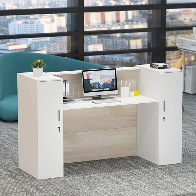 Homsee Modern Reception Desk Counter with 2 Lockable Doors &amp 6 Storage Compartments Office Wooden Computer Desk with 2 Cabinets &amp Adjustable Shelves White and Brown (70.9”L x 23.6”W x 43.3”H