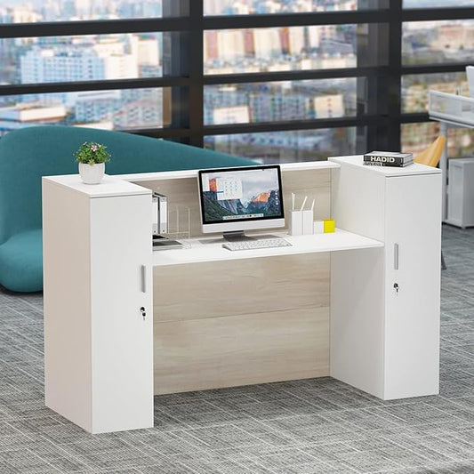 Homsee Modern Reception Desk Counter with 2 Lockable Doors &amp 6 Storage Compartments Office Wooden Computer Desk with 2 Cabinets &amp Adjustable Shelves White and Brown (70.9”L x 23.6”W x 43.3”H
