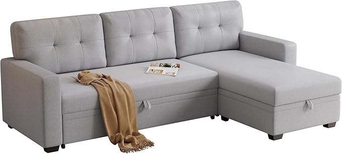 Ball &amp Cast L-Shape Convertible Sectional Sleeper Sofa Bed 4 in 1 Pull Out Couch with Reversible Storage Chaise &amp Removable Back CushionsSleeper Corner Couch Pull Out Sofa Bed for Living Room