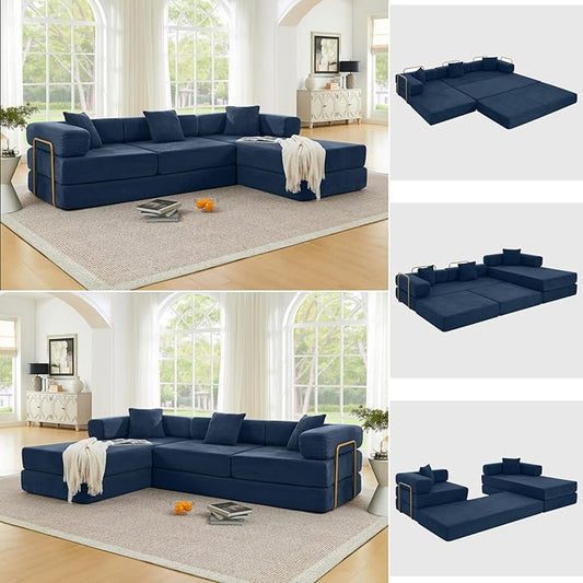 78 Inch Convertible Sleeper Sofa Bed Folding Floor Mattress Couch with Fixed-Shape Frame Futon Boneless Couch Lounge Loveseat with Pull Out Bed No Assembly Required (Blue 108 L-Shaped Sofa Bed)