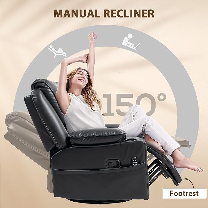 HOMCOM Swivel Rocker Recliner Chair with Vibration Massage and Heat Oversized Ergonomic Lounge Chair with PU Leather Remote Footrest Cup Holders and Side Pockets for Living Room Black