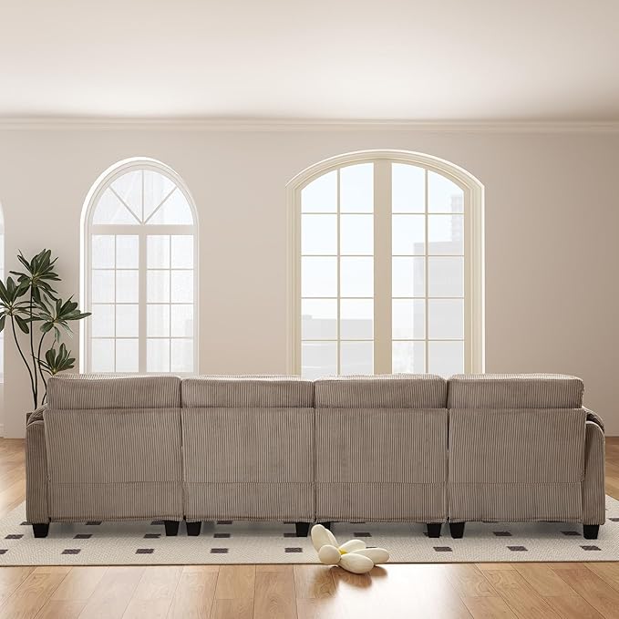 115” Modular Sectional U Shaped Sofa with Movable Ottoman Corduroy 6-Seater Couches with Thick Cushion for Living Room Brown