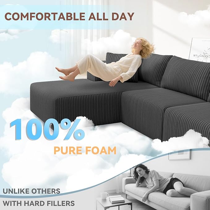 109 Modular Sectional SofaBoneless Couch for Living RoomCloud Sectional Couch with Deep SeatModular L-Shape Sofa with ChaiseNo Assembly RequiredGrey(Plush Corduroy Fabric)