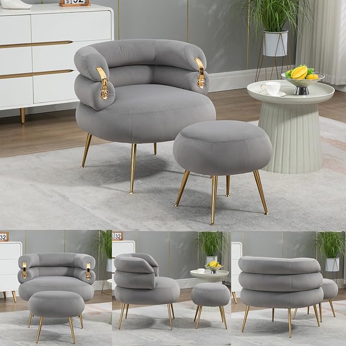 Single Sofa Chair Velvet Accent Chair with Ottoman Round Sofa Chair Modern Barrel Chair with Gold Buckle and Leg for Living Room Bedroom Waiting Room Small Spaces (Gray)
