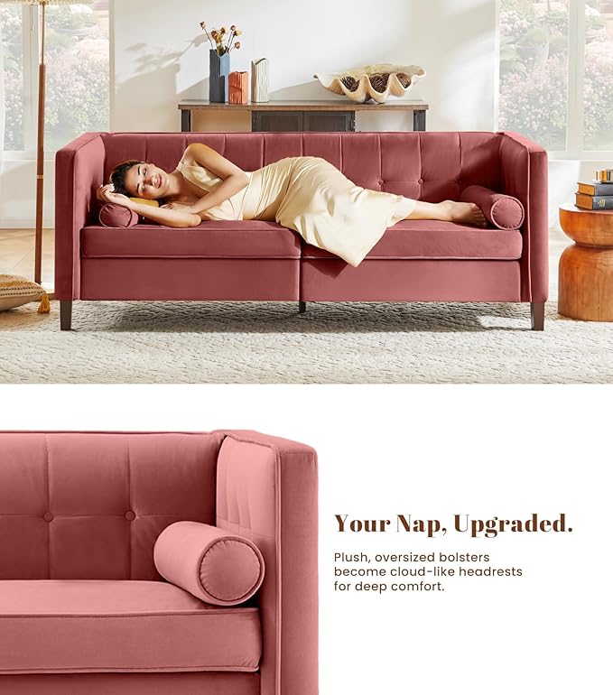 Kingfun Livingroom Furniture Sets Loveseat &amp 3 Seater Velvet Loveseat Couch Mid-Century Sofa Bolster Pillows Button Tufted Love Seats Toolless Assembly Pink