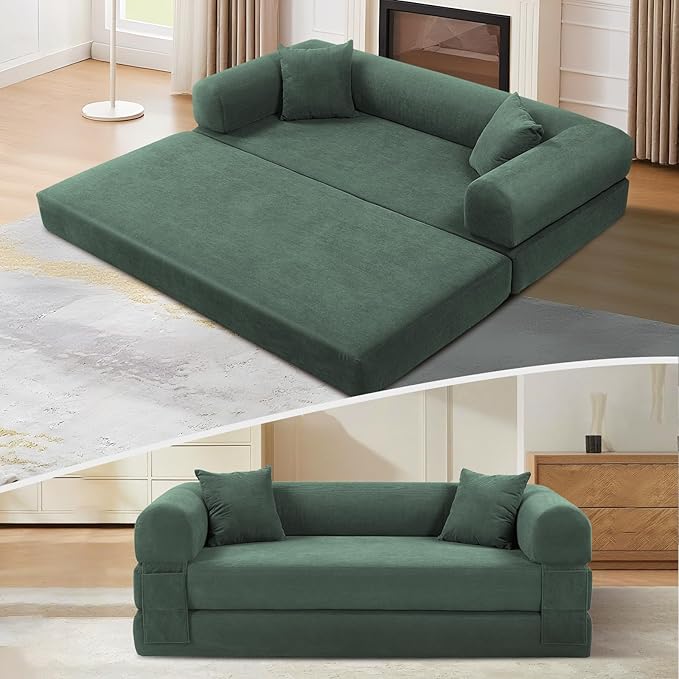 KBQ 3-Seat Convertible Sleeper Sofa Bed with 2 Pillows Corduroy Folding Mattress Couch Floor Sofa Lounge Couch for Living Room Bedroom Lounge Studio Light Green