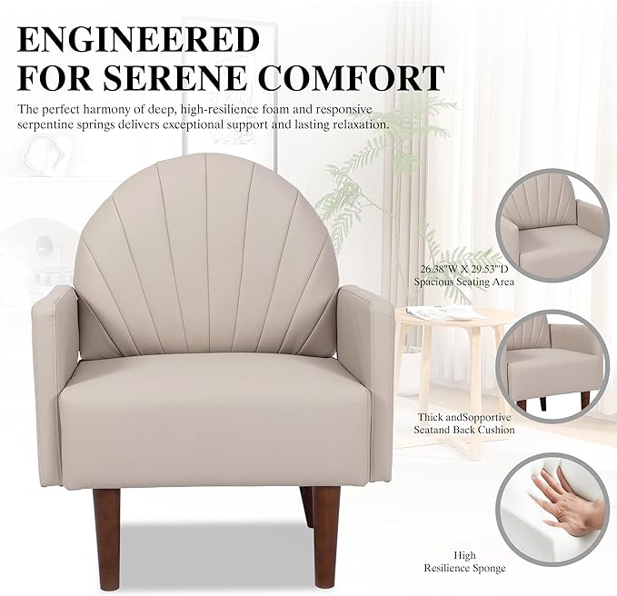 PU Accent Chairs for Living Room with High-Density Foam Cushion Mid-Century Single Sofa Armchair with Solid Wood Legs Upholstered Reading Chair for Bedroom Home Office (Shell Khaki 4 Set)