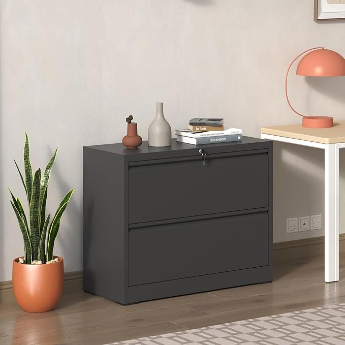 Office 2 Drawer File Cabinet with LockSmall Metal Lateral Filing Cabinets Under Desk Storage OrganizerLocking Drawers for Home for Letter/Legal/A4/F4 FilesBlack