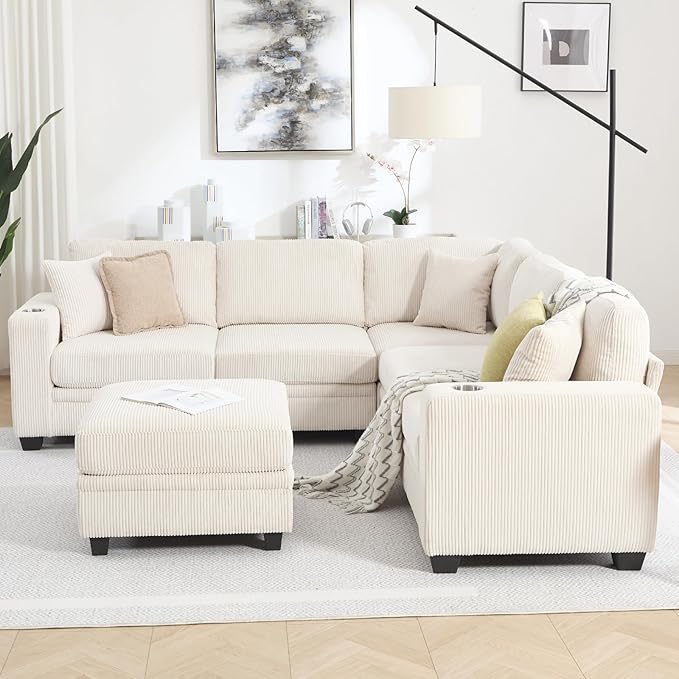 Modular Sectional Sofa Corduroy 6-Seater Corner Couch with Ottoman Chaise Convertible L-Shaped U-Shaped Sofa Sectional Couches for Living Room Apartment Beige