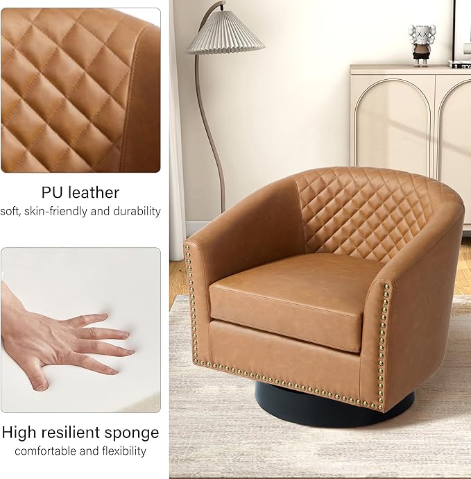 Swivel Barrel Accent Chair Comfy Modern Upholstered Round Faux Leather Arm Chair for Living Room Bedroom（Coffee Set of 1