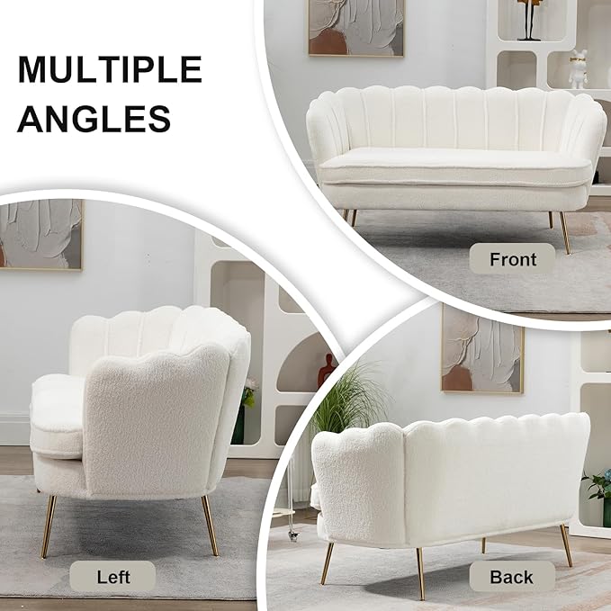 59 Wide Loveseat Sofa Boucle Upholstered Small Couch with Petal-Shaped Design Modern Leisure Sofa with Gold Metal Legs Mini Room Couch for Bedroom Apartment (Ivory-Boucle)