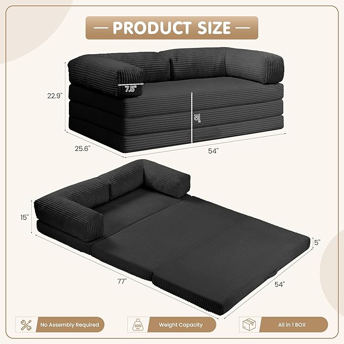 5-in-1 Convertible Sofa Bed54 Boneless Couch Tri Folding Floor Mattress with Removable L-Shaped Armrests &amp HandleCorduroy Futon Couch Sleeper with Pull Out Bed for Living Room Bedroom Apartment