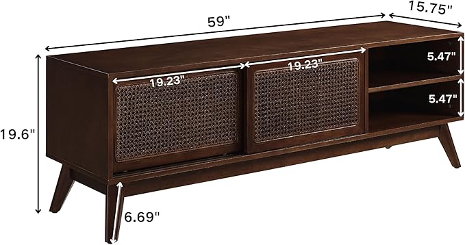 LKTART Boho Mid Century TV Stand59 Rattan Entertainment CenterMedia Console with Solid Wood LegsAdjustable Feet &amp Divided StorageTV Cabinet for 65 Inch TVDark Walnut