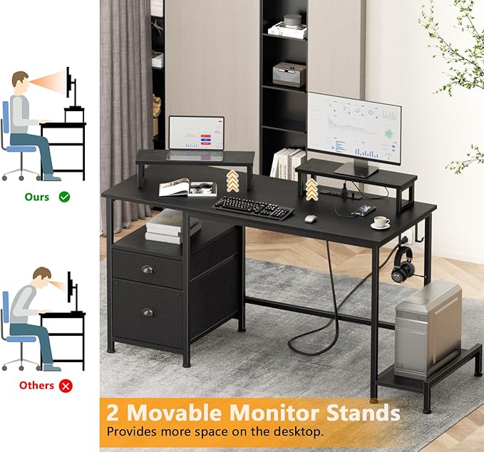 Furologee 47 Computer Desk with File Cabinet and Power Outlets Home Office Desk with 2 Monitor Stands and Storage Drawer Gaming Table with Shelves and 2 Hooks for Bedroom Black