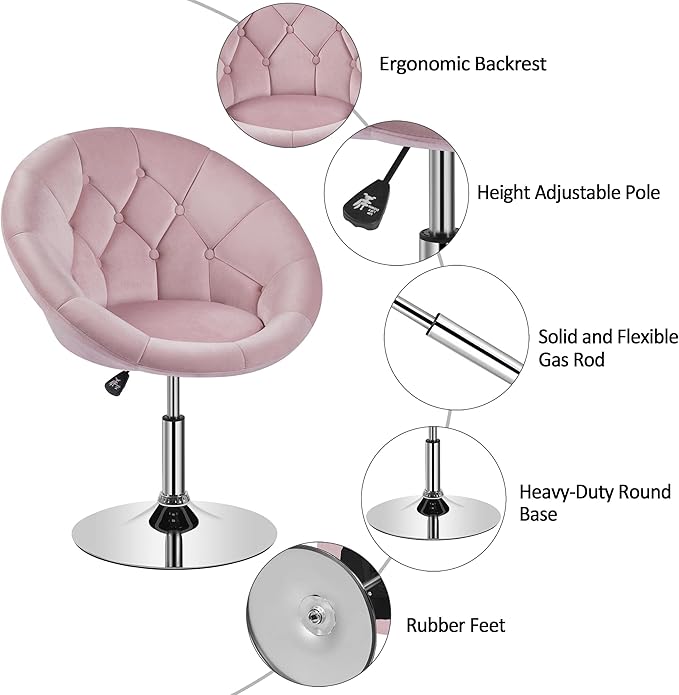 Yaheetech Adjustable Vanity Chair with Round Tufted Back Swivel Velvet Salon Chair for Bedroom Living Room Office Pink