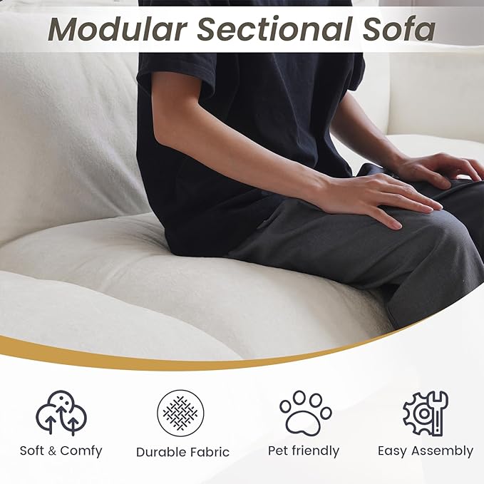 WJShome 147 Modern U-Shaped Couch for Living RoomVelvet Modular Sectional Sofa with Chaise4-Seater Sofa with 2 Ottomans with Removable Cushions and 8 High Metal Legs Easy to Clean Beige