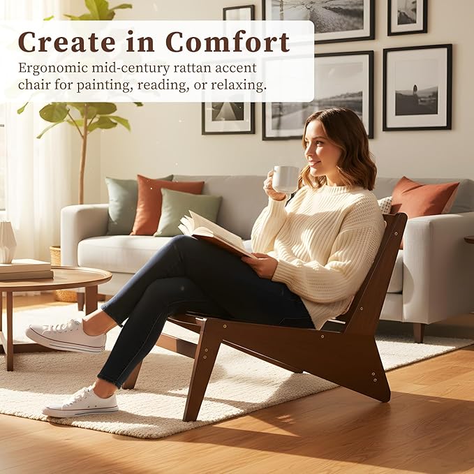 Rattan Chair 2Pcs Mid-Century Accent Chair Rattan Lounge Chair for Living Room Boho Side Corner Comfy Chair for Bedroom and Balcony Walnut