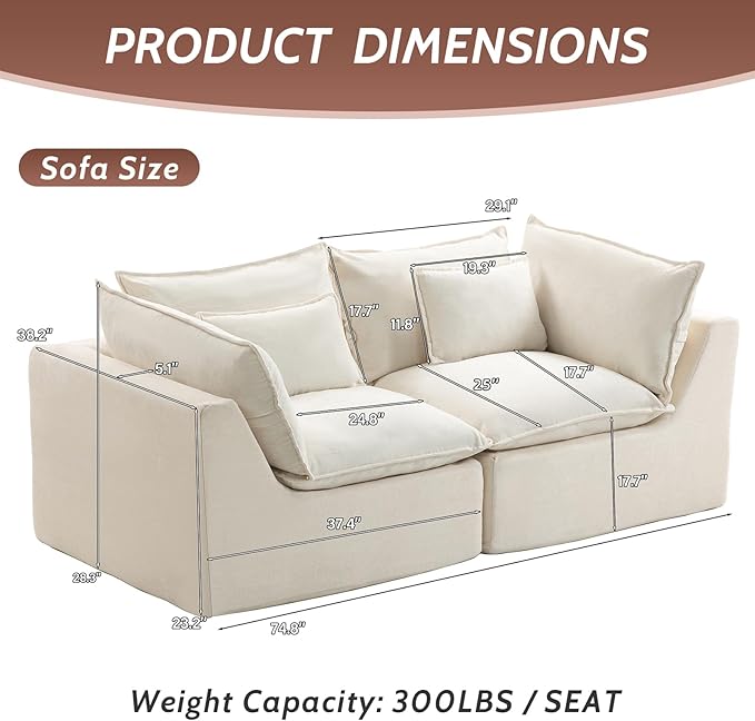75 Cloud Loveseat Sofa for Small Space Waffle Knit Boneless Couch Deep Seat Oversized 2-Seater Modular Foam Apartment FurnitureWhite