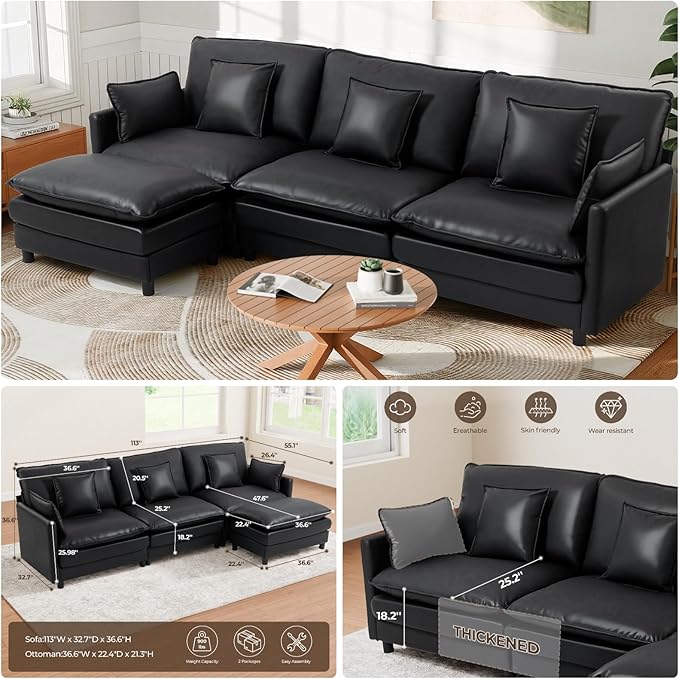 L Shaped Cloud Sofa 4-Seater Modular Couch with Double Layer Upholstered Seat Cushion PU Sleeper Sofa with Ottoman &amp Pillows Comfort Couches for Living Room Bedrooms &amp Apartments Black