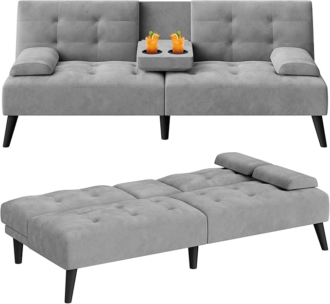 Meilocar 64 Futon Sofa Bed Convertible Loveseat with 2 Cup Holders Small Couch with 3 Adjustable Angles &amp Removable Armrest Modern Sleeper Sofa for Apartment Office 5.3 FT Light Grey