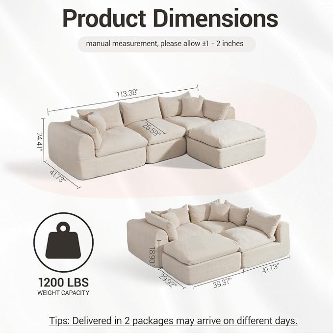 113'' Cloud Boneless Sofa Couches for Living Room with Deep Seat Modular Sectional Sofa with Ottoman for Living Room Bedroom No Assembly Beige