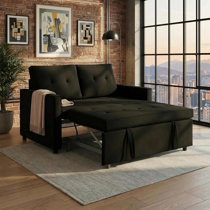 Sofa Bed Pull Out Couch with Side Pockets 3 in 1 Velvet Fabric Loveseat Sleeper Sofa Bed Pull Out Couch with Adjustable Backrest for Living Room Bedroom Apartment Black 53 Inch