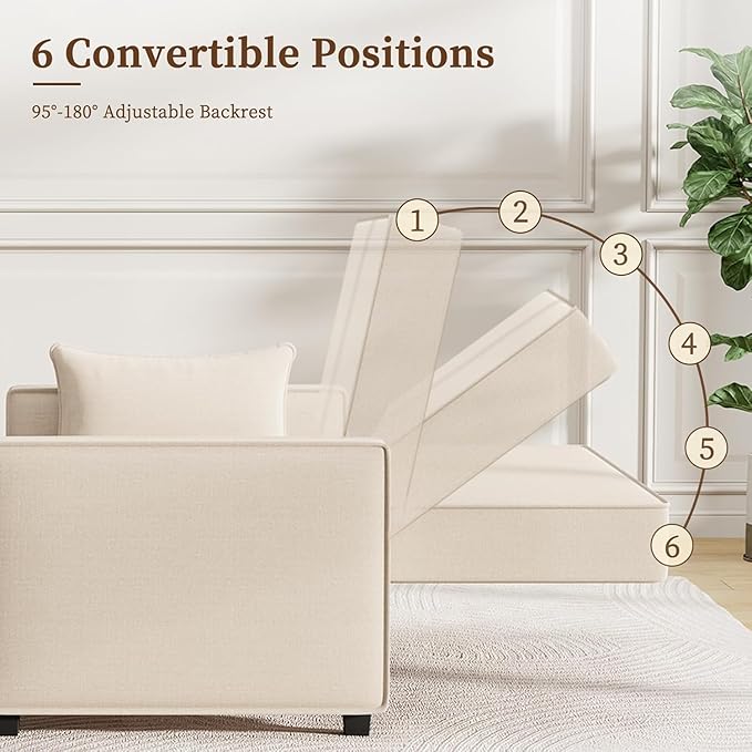 Furnimart Convertible 3-in-1 Sofa Bed with Adjustable Backrest Metal Frame Pull Out Couch Loveseat Sleeper Linen Sleeper Sofa for Living Room Apartment Small Space (Beige)