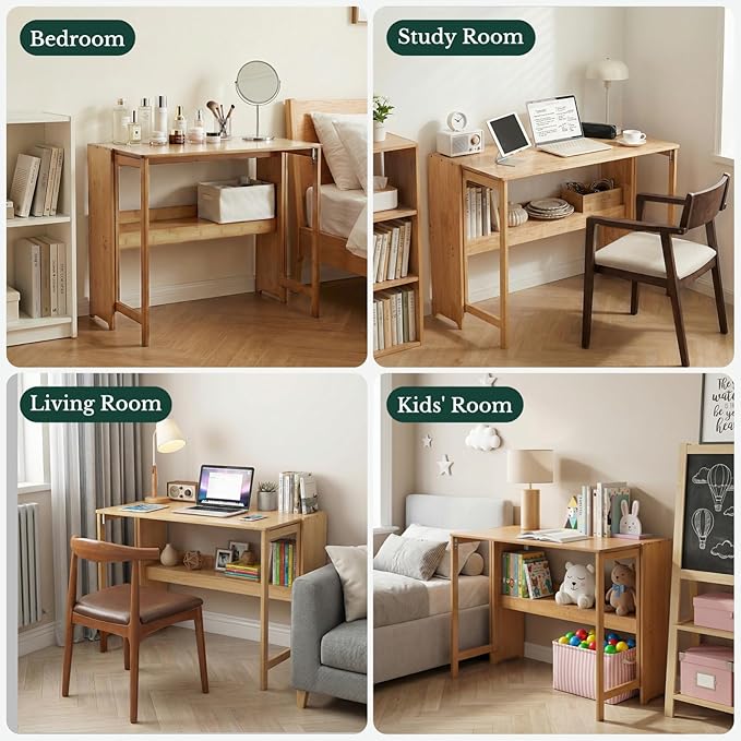 41'' Bamboo Folding Desk with Bookshelf – Space-Saving Computer Desk for Small Spaces Foldable Study Table Mid Century Modern for Home Office &amp Bedroom - Primary Color