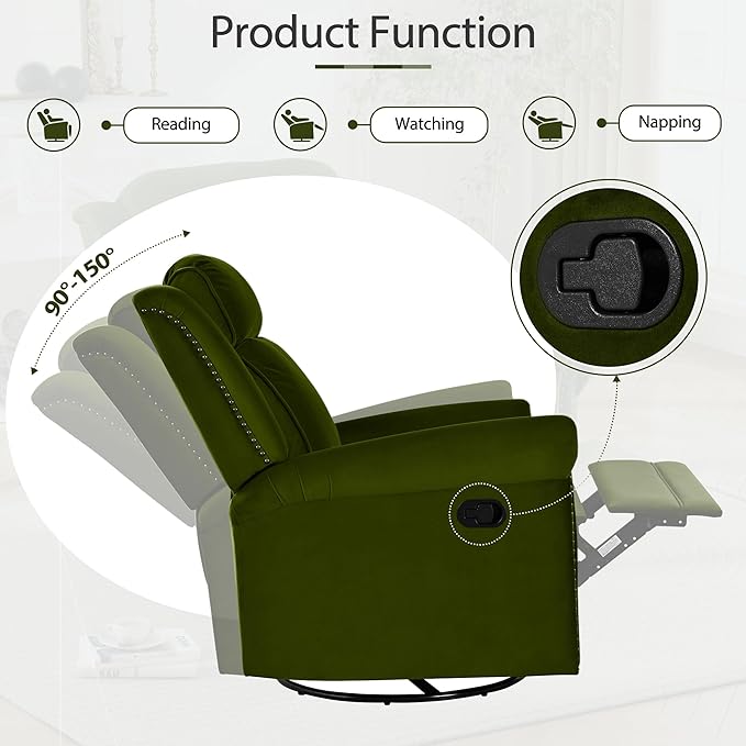 360° Swivel Recliner Chair with Adjustable Backrest Manual Rocking Recliner Home Theater Manual Recliner Chair with Metal Base and Velvet Fabric for Living Room (Green 2)